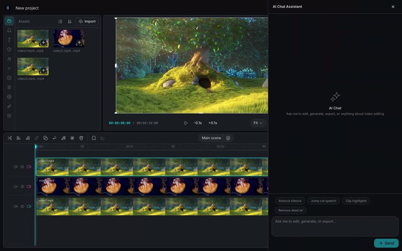 HakoCut editor — three imported camera angles in Assets and on separate timeline tracks